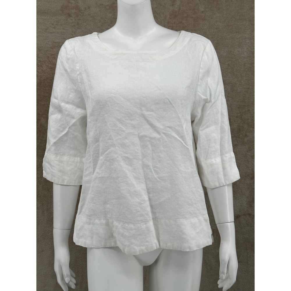 Sympli Top Womens Small White Linen 3/4 Sleeve Sheer Oversized Beachy Lagenlook